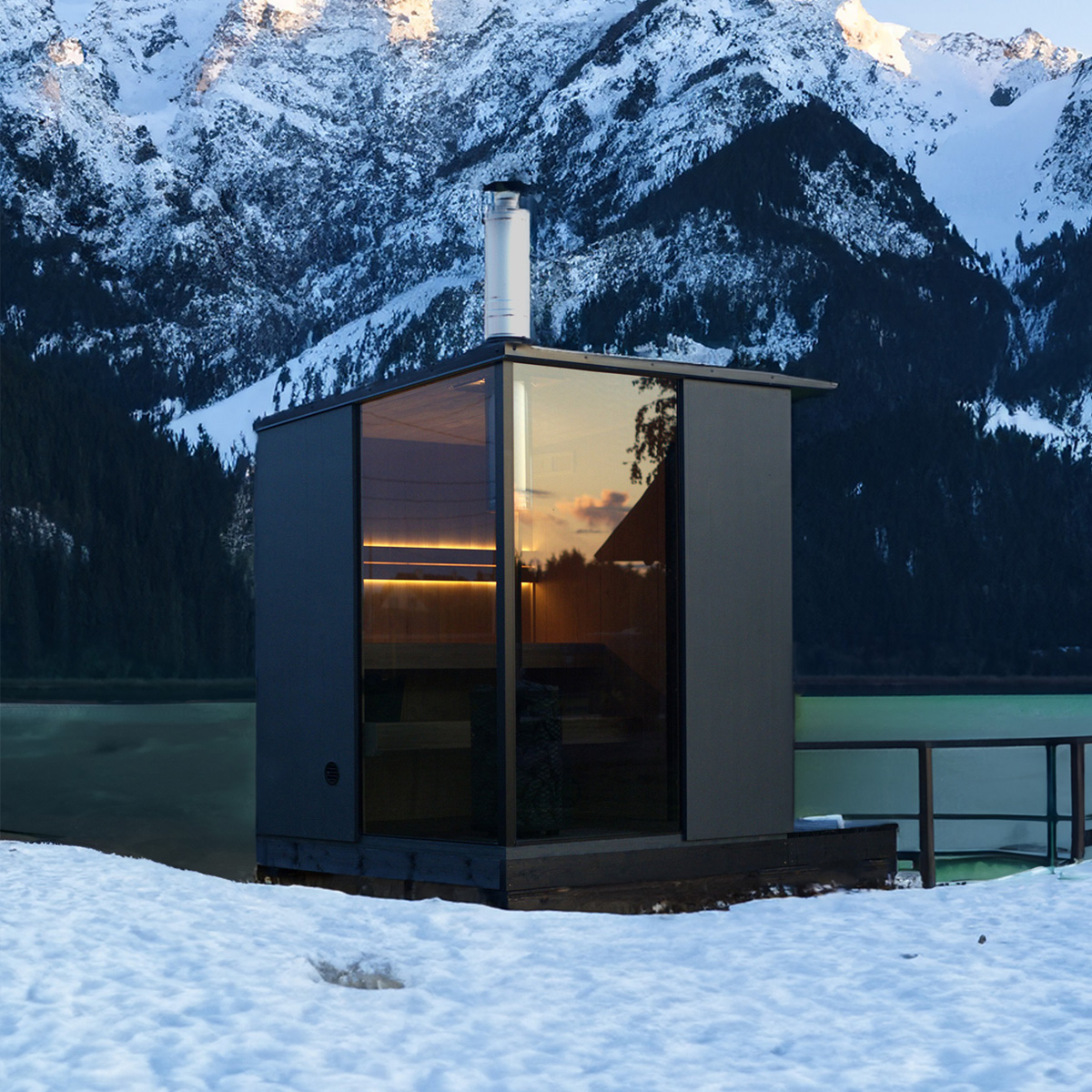 Sauna S4 avec baies vitrées d'angle du sol au plafond et terrasse